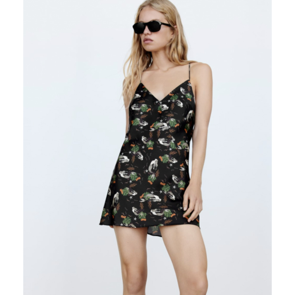 Zara PRINT DRESS  mermaid V-neck dress  spaghetti straps  BLACK 5216/256